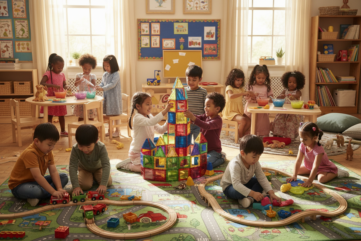 diverse kids playing with blocks, magnet tiles, cars, slime,  playdough, dolls