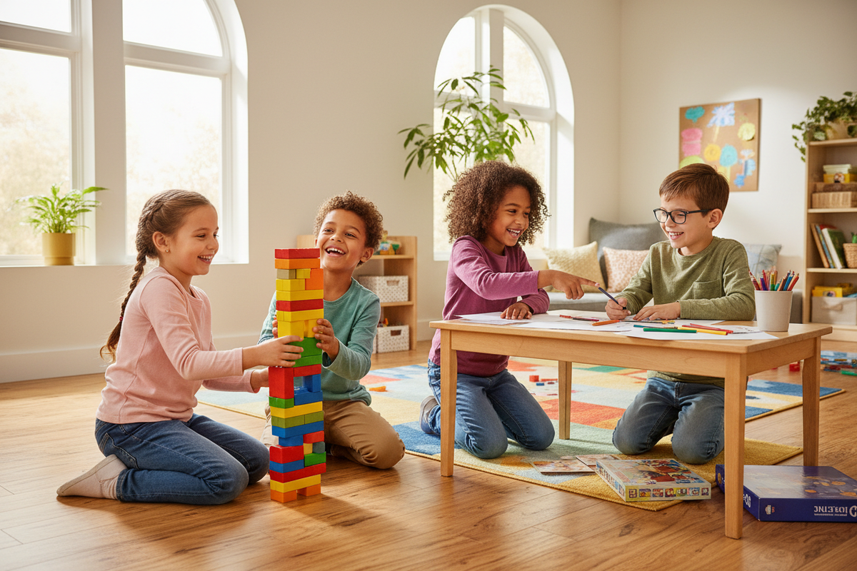 realistic kids playing ages 6-8 indoors 